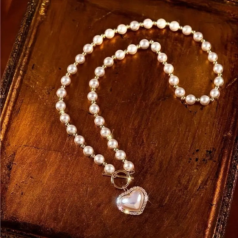 Elegant Faux Pearl Beads Heart-Shaped Pendant Necklace Women Baroque Style 81 UK