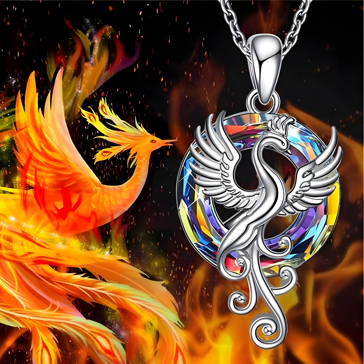 Stainless Steel Phoenix Pendant Necklace Women, Multicolor Crystal Circle 1256