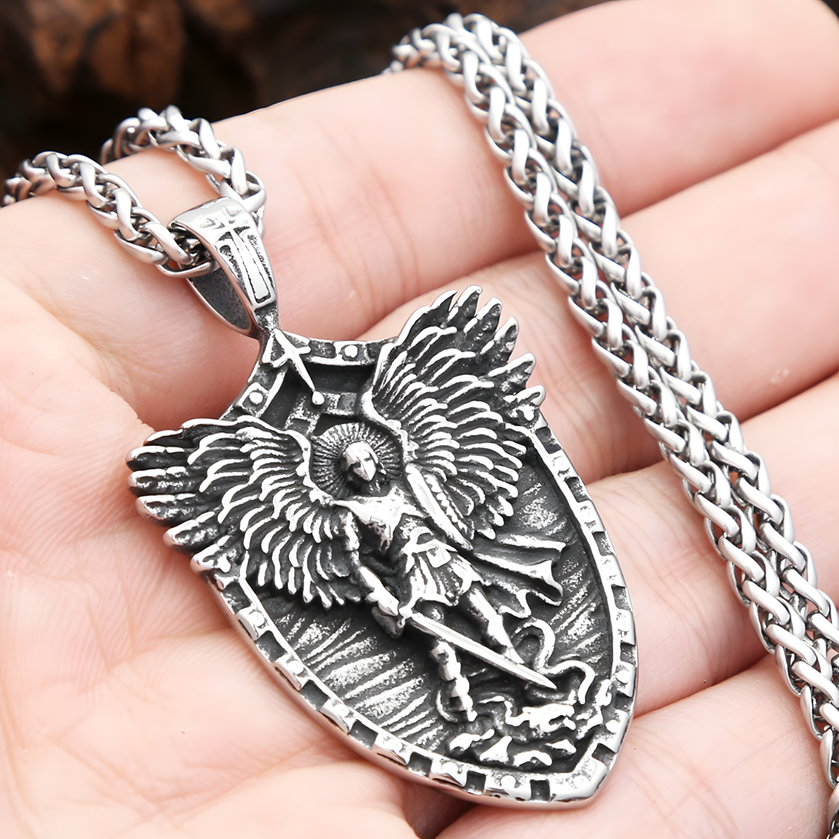 St Michael Angel Wings Shield Pendant Necklace for Men Viking Archangel 1388
