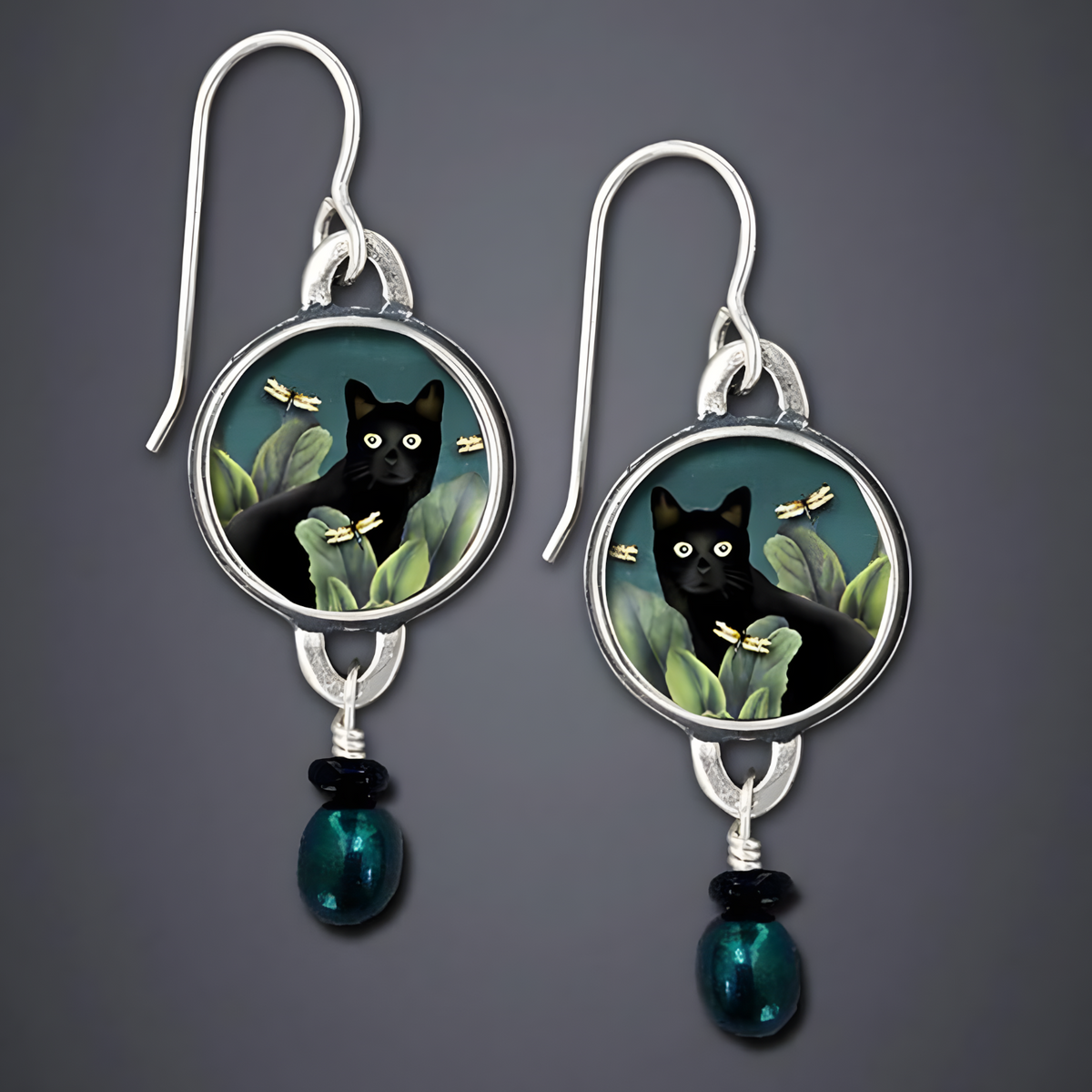Black Cat Drop Earrings For Women Rhodium-Plated Base Metal Round Cat Motif 1461