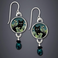Black Cat Drop Earrings For Women Rhodium-Plated Base Metal Round Cat Motif 1461