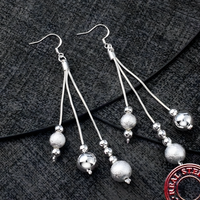925 Sterling Silver Long Drop Earrings Women  10cm Trendy Round Ball Dangle 808