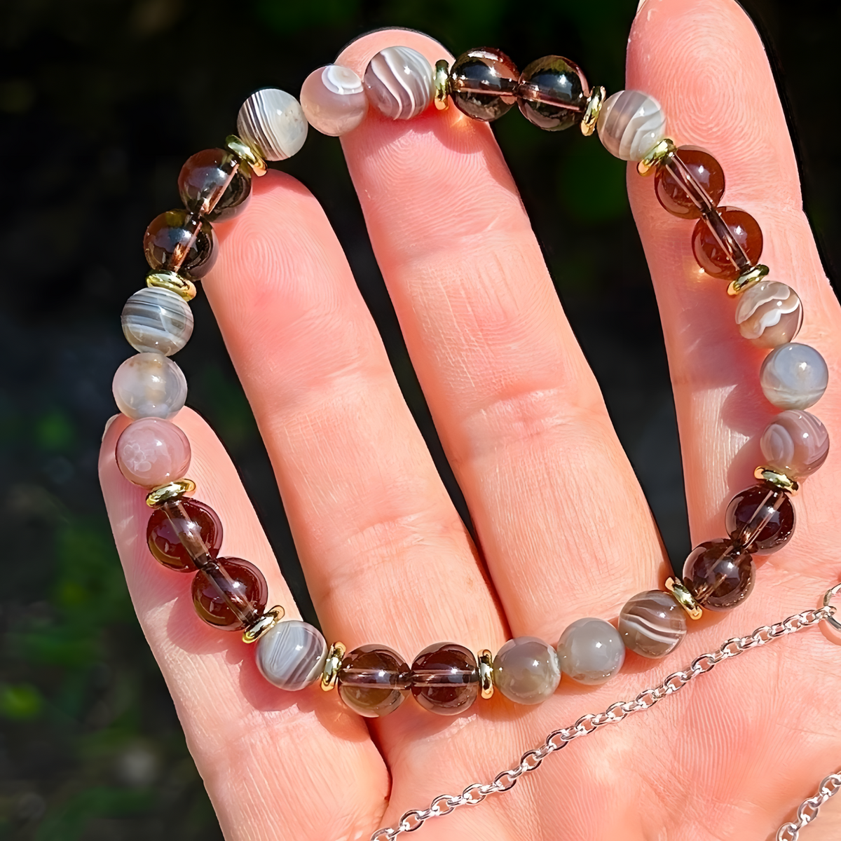 Botswana Agate & Smoky Quartz Beaded Bracelet For Women Gold Tone Plate 1402