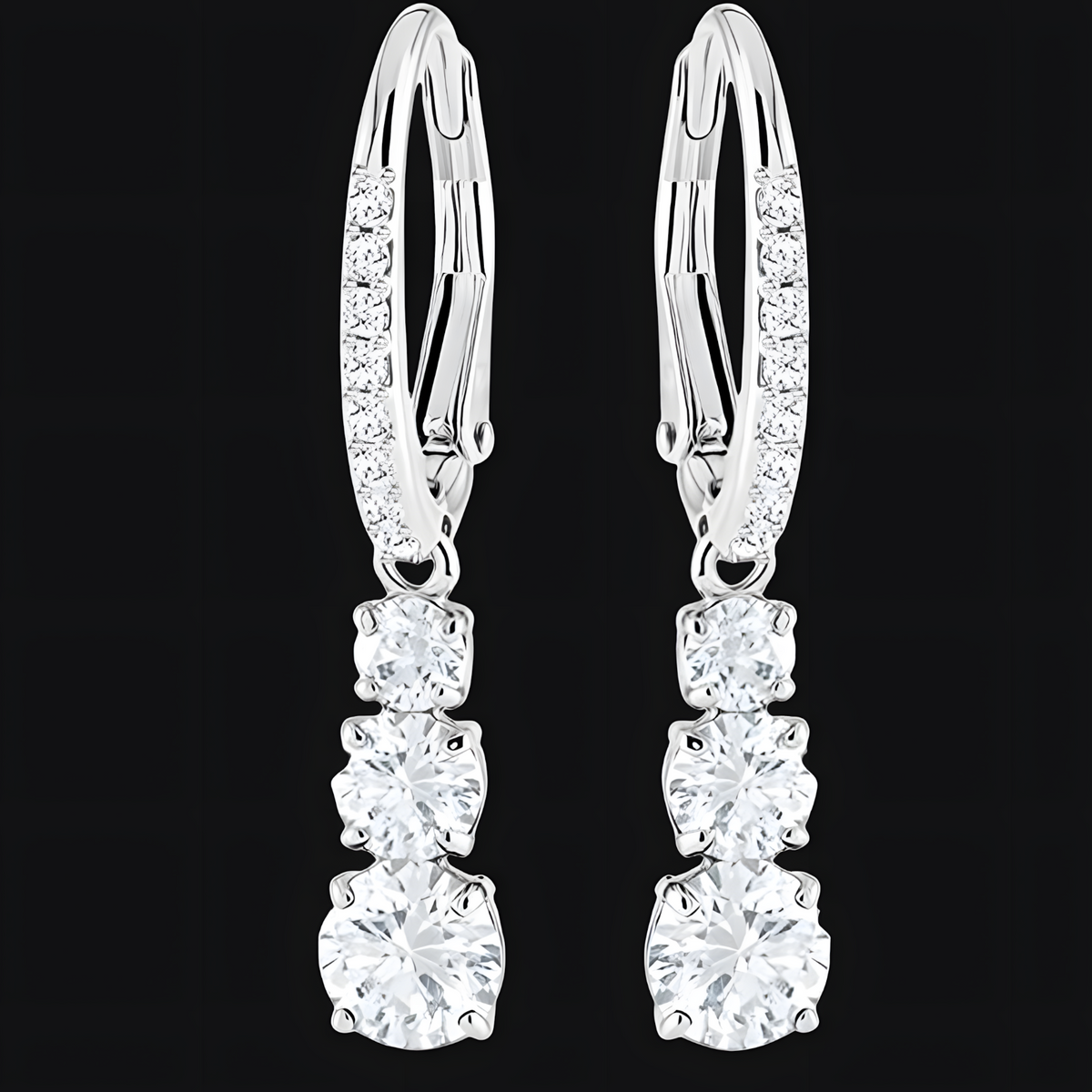 Luxury Round-Cut Triple Drop Dangle Earrings For Women - Rhodium-Plated 1454