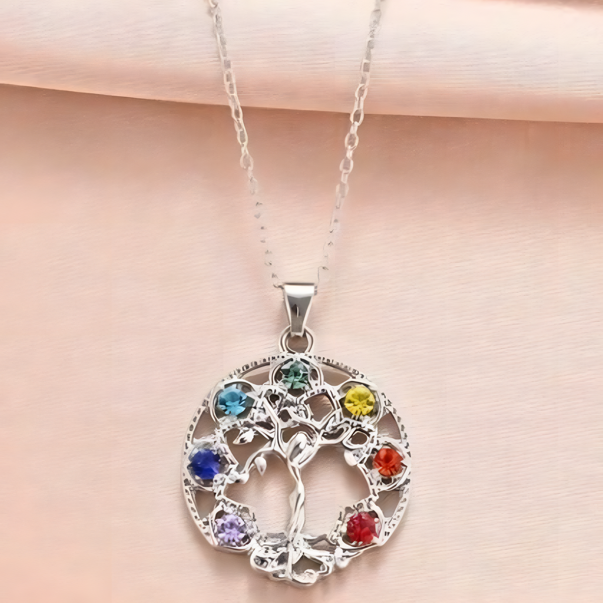 7 Chakra Tree of Life Pendant, Silver Plated Yoga Healing Stone Necklace B152