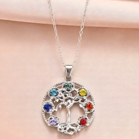7 Chakra Tree of Life Pendant, Silver Plated Yoga Healing Stone Necklace B152