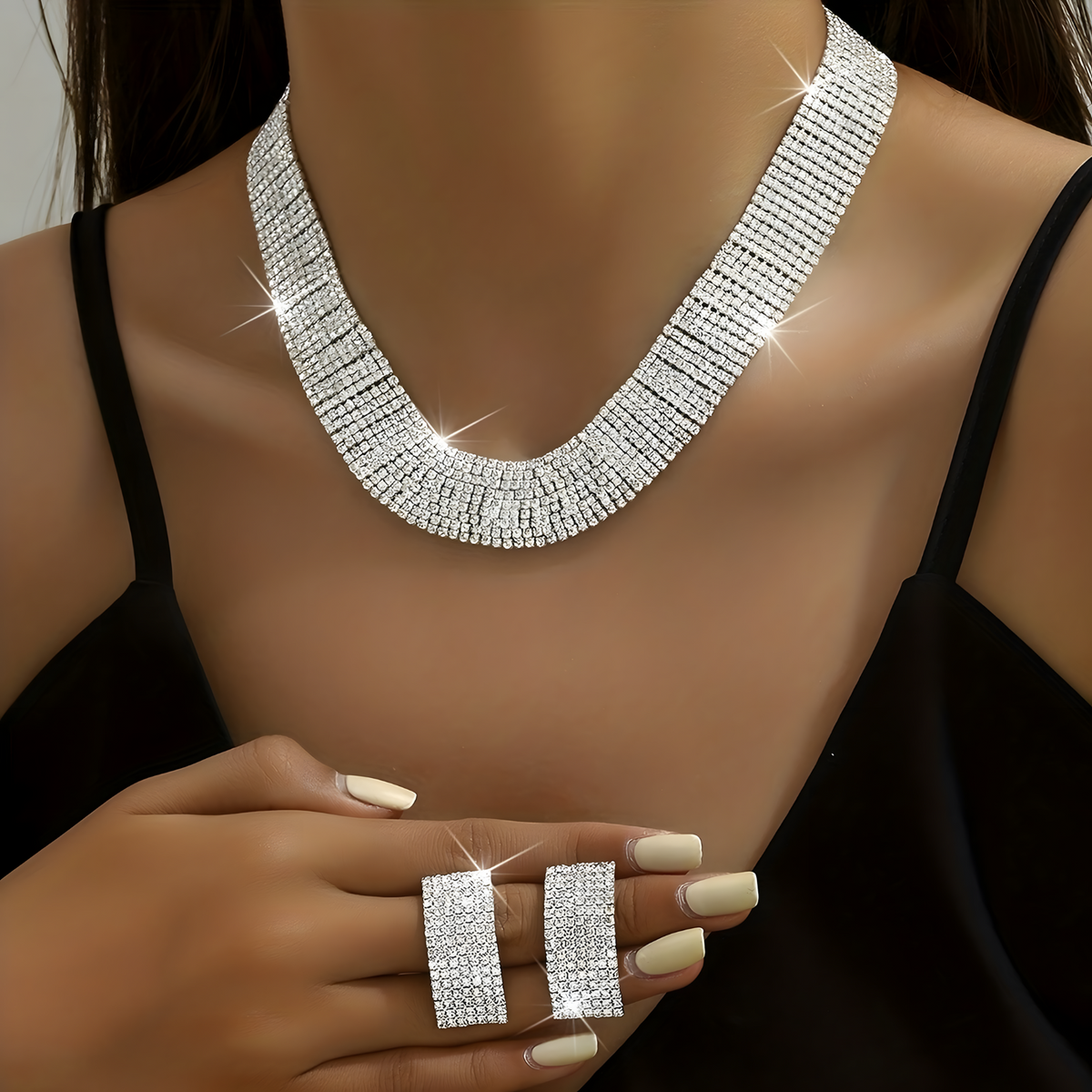 3PCS Silver Rhinestone Necklace and Earrings Set for Women–Classic Geometric 670