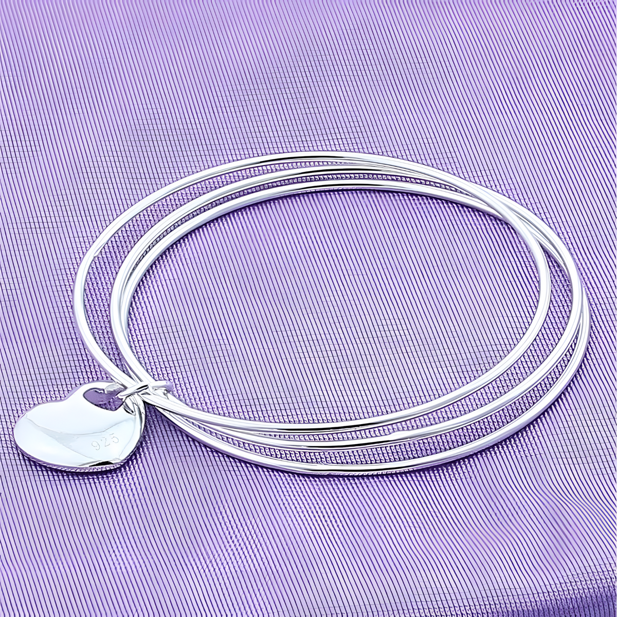 925 Sterling Silver Three Circle Bangle Bracelet with Heart Charm for Women 406