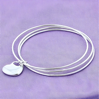 925 Sterling Silver Three Circle Bangle Bracelet with Heart Charm for Women 406
