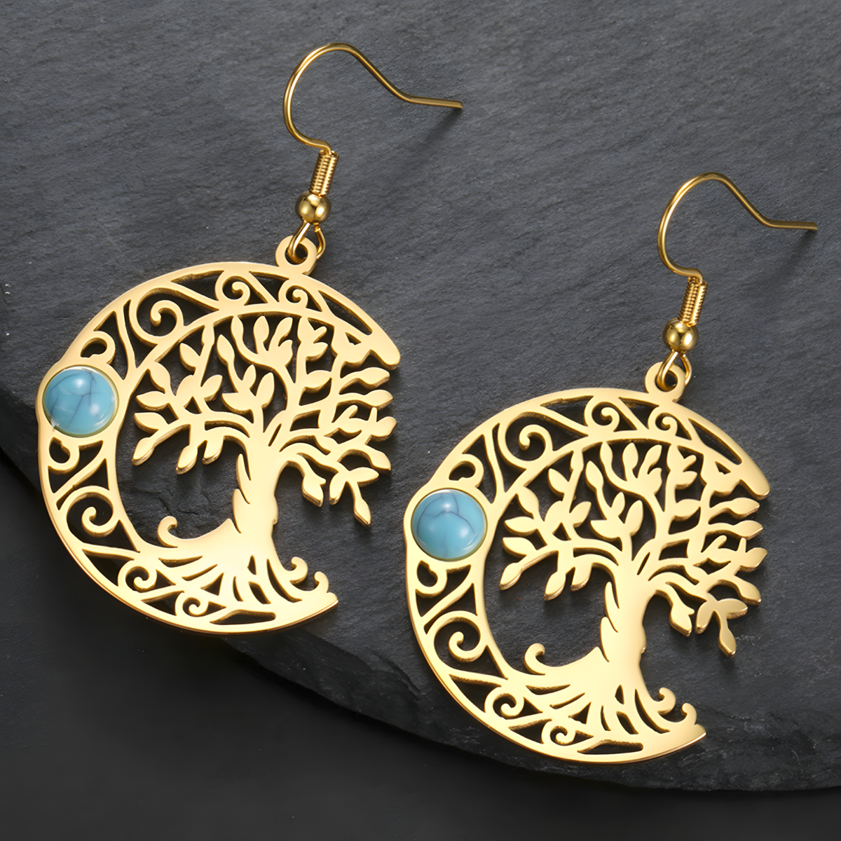 Filigree Tree of Life Dangle Earrings for Women, Crescent Moon Earrings B172