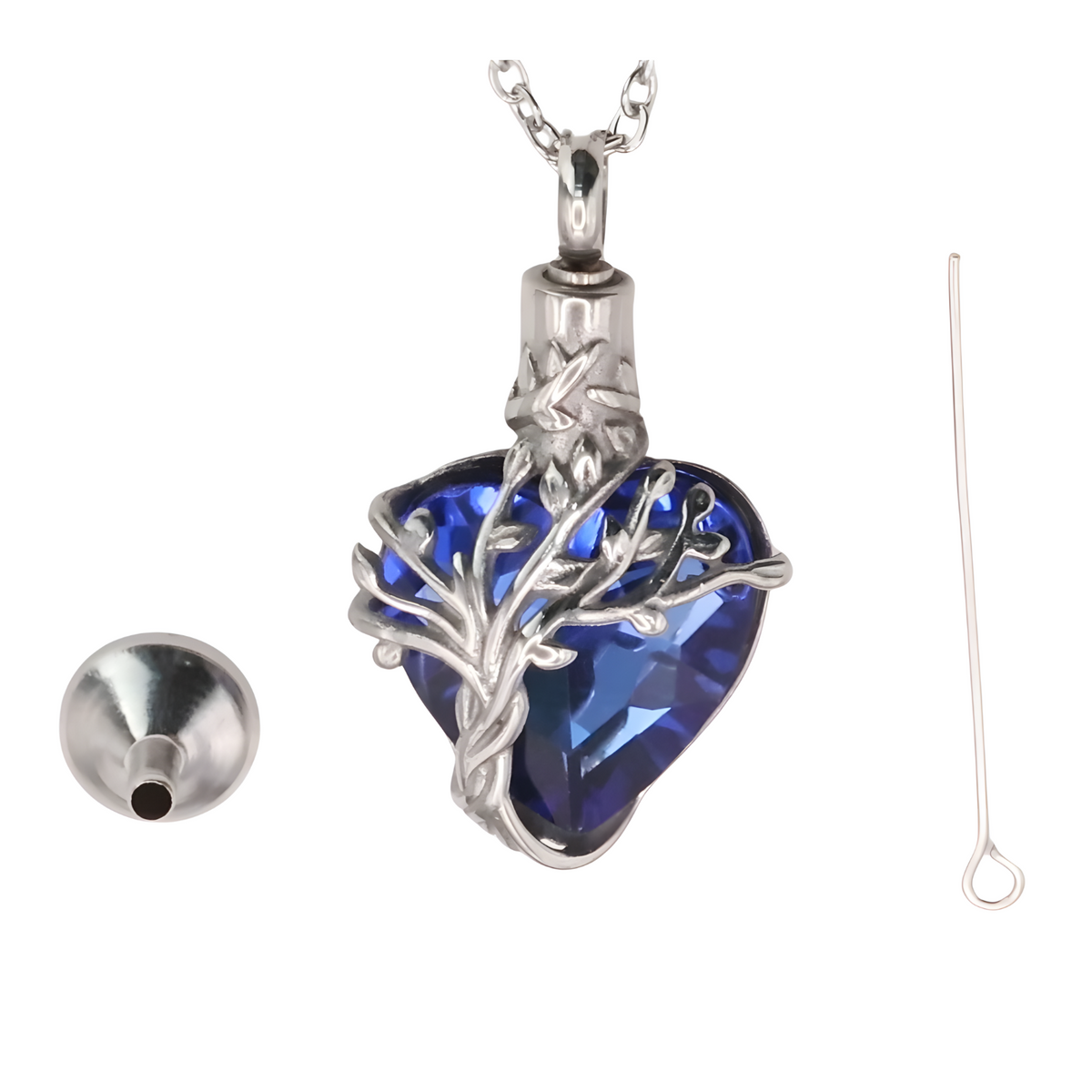 Heart Tree of Life Urn Necklace Crystal Funnel Filler 316L Stainless Steel B214