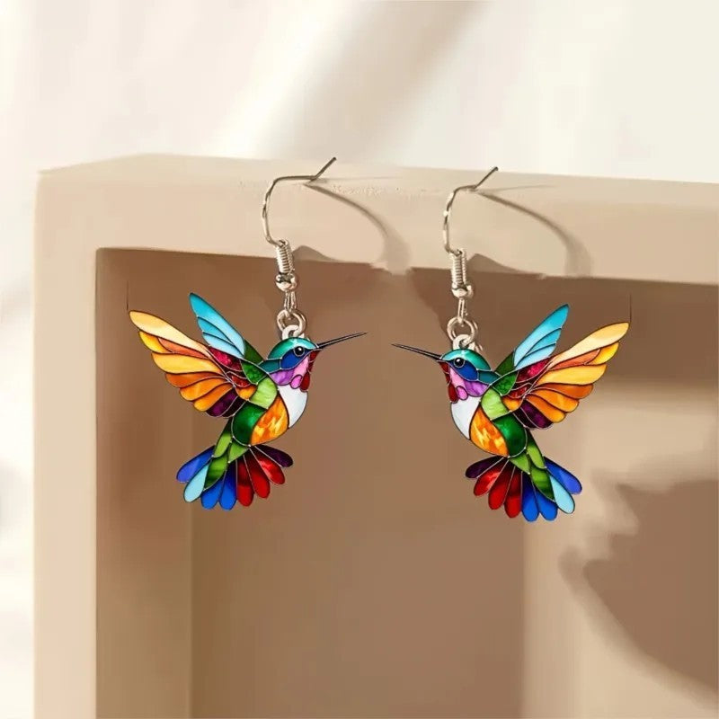 Acrylic Hummingbird Earrings – Bright Multicolour Bird Dangle Style 1235