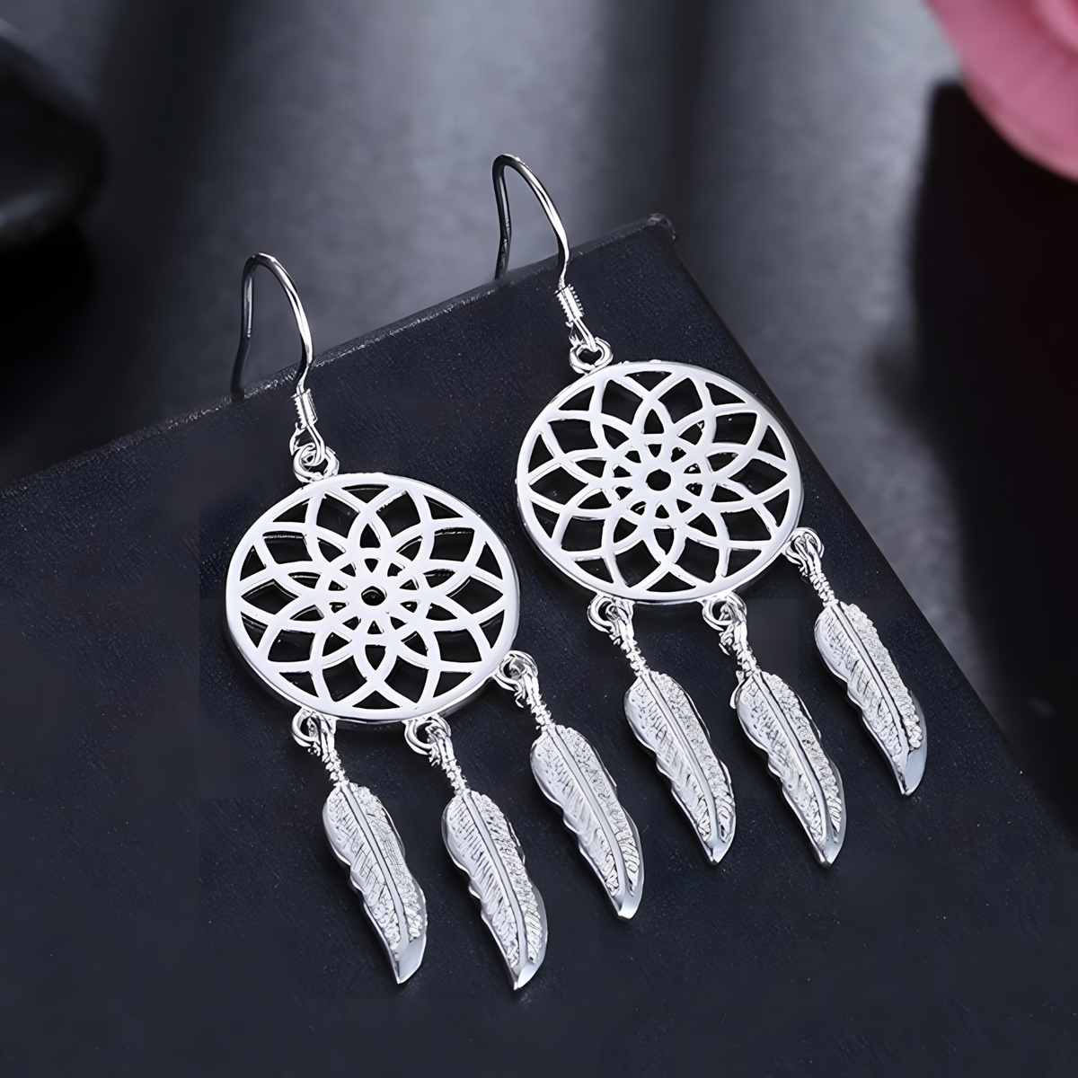 Silver Plated Alloy Dreamcatcher Drop Earrings for Women Feather Charm HooK 1414