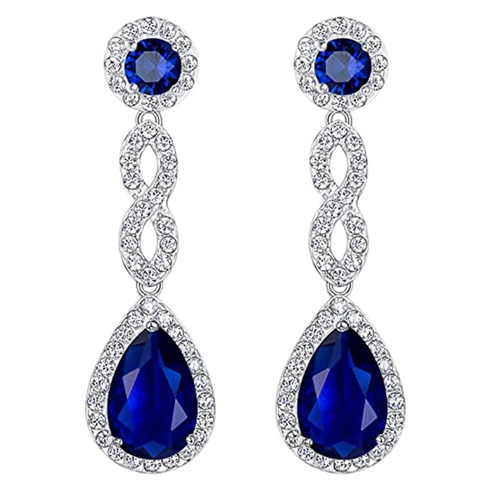 Long Hanging Blue Teardrop Drop Earrings For Women - Rhodium-Plated Alloy- 1458