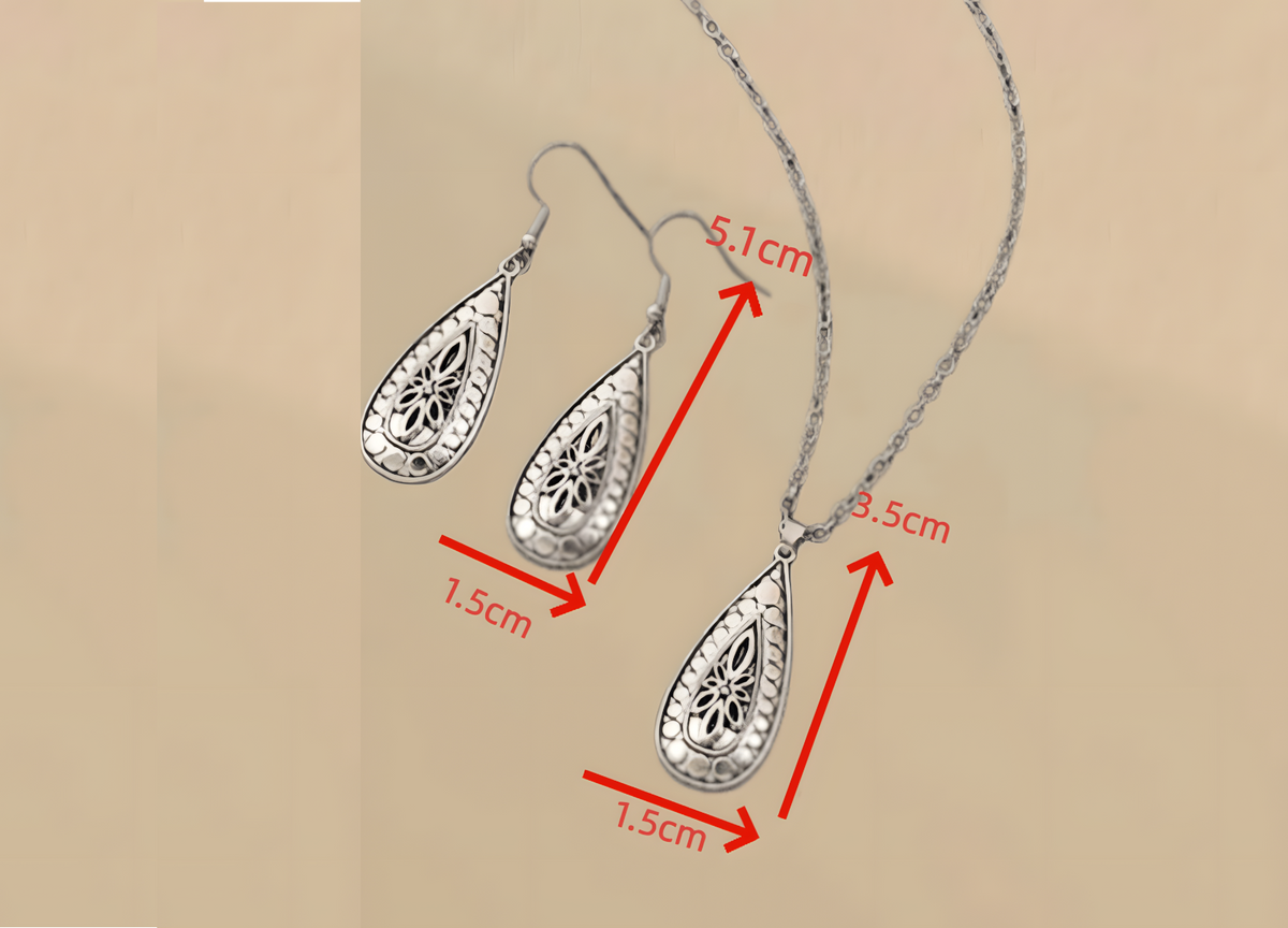 Vintage Water Drop Floral Carved Necklace and Drop Earrings Set, Teardrop 1723