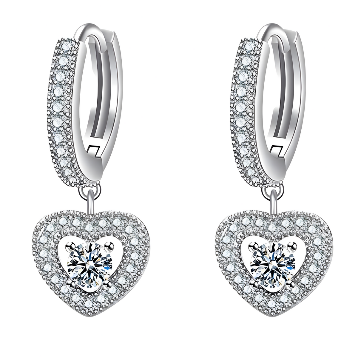 925 Sterling Silver Heart Drop Hoop Earrings Huggie Hoops Sparkling CZ Charm 336