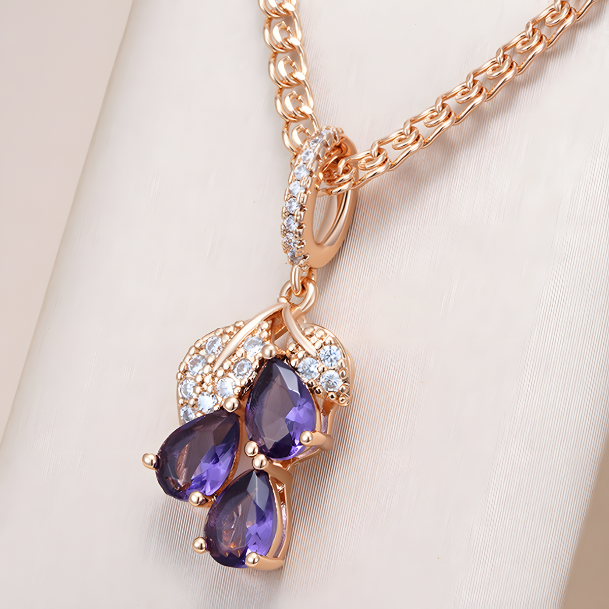 Purple Natural Zircon Pendant Necklace Copper, 585 Rose Gold Plated  1277