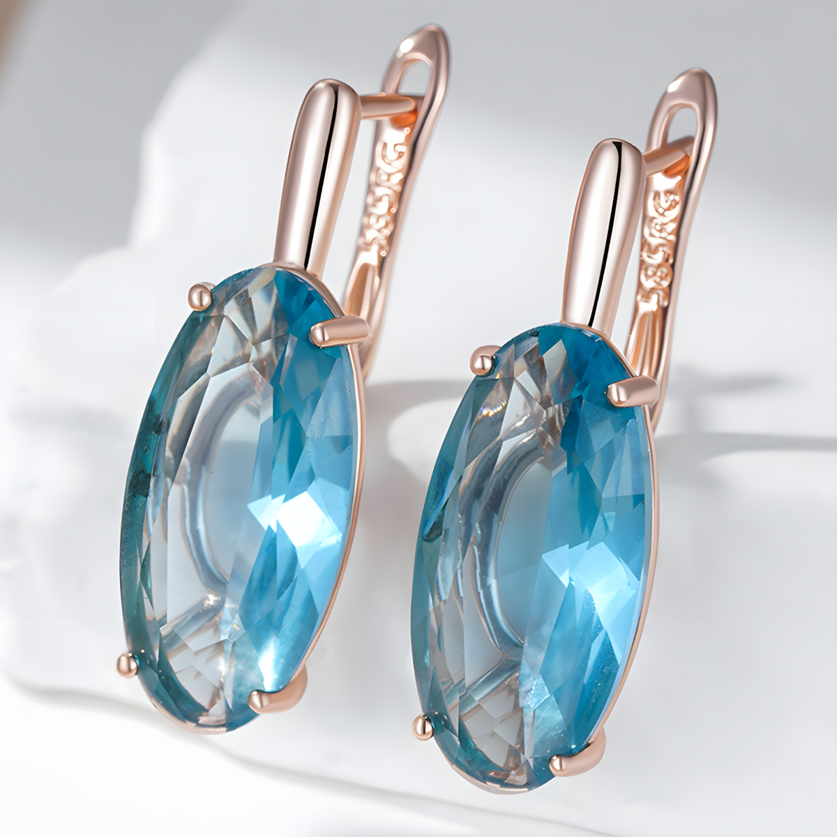 585 Rose Gold Blue Natural Zircon Oval Drop Earrings for Women, Copper Base 1287