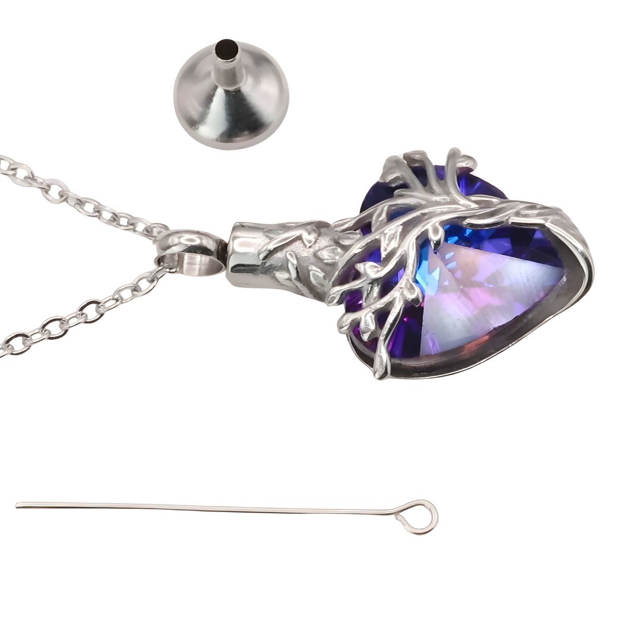 Heart Tree of Life Urn Necklace Crystal Funnel Filler 316L Stainless Steel B215