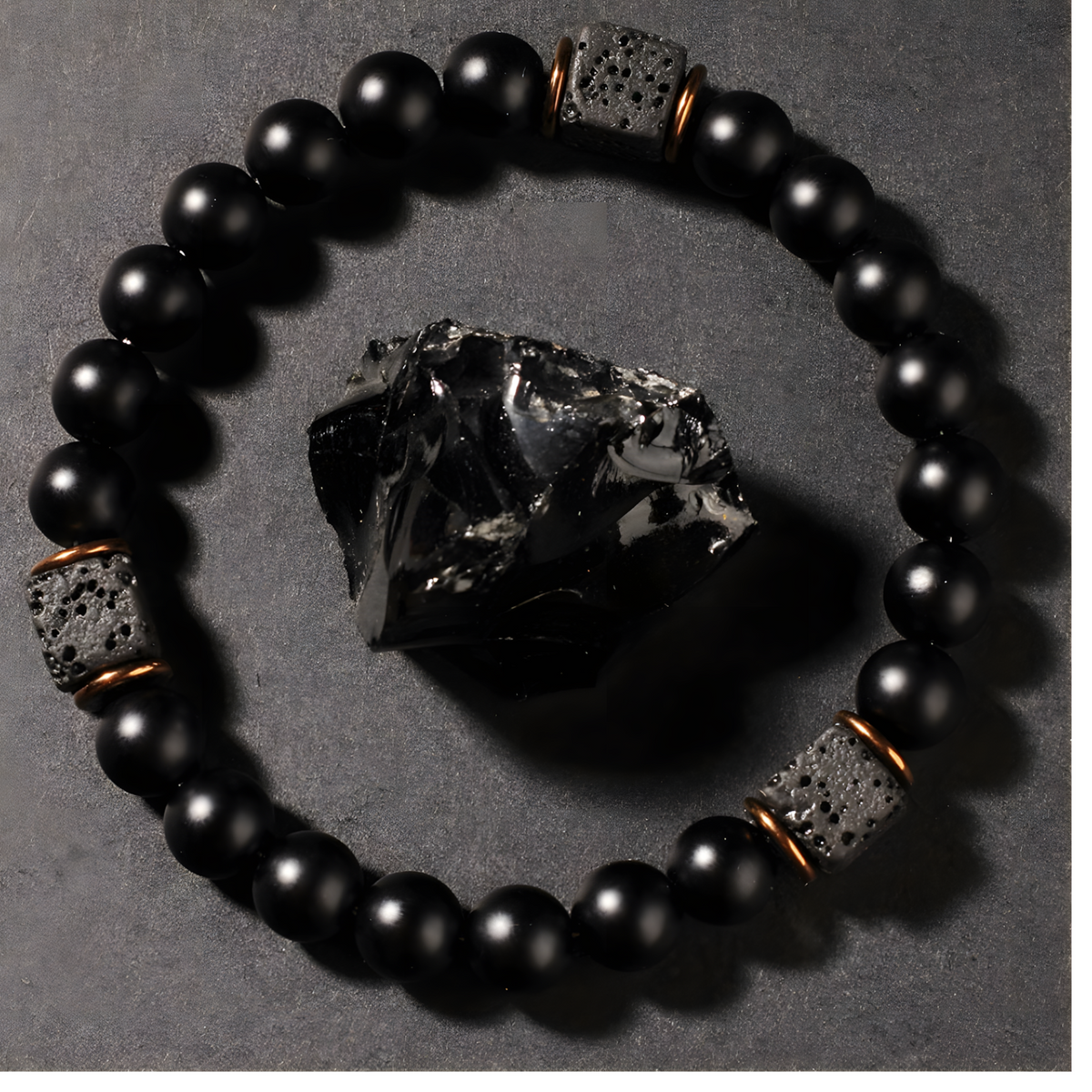 Black Lava Rock & Matte Onyx Bracelet - Premium Gold-Plated Accent Beads - 1449
