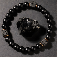 Black Lava Rock & Matte Onyx Bracelet - Premium Gold-Plated Accent Beads - 1449