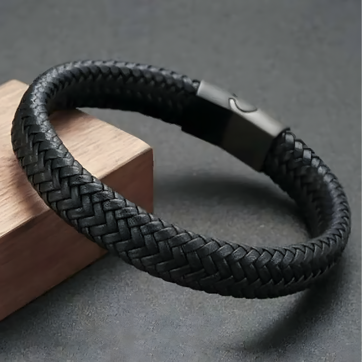Men's Black Braided Leather Bracelet with Zinc Alloy Magnetic Clasp 446
