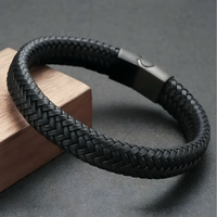 Men's Black Braided Leather Bracelet with Zinc Alloy Magnetic Clasp 446