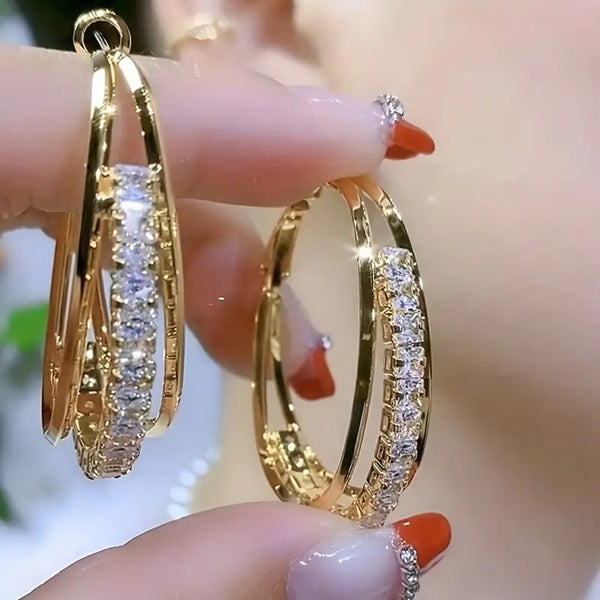 3-layer Shiny Rhinestone Decor Hoop Earring Retro Elegant Style Zinc Alloy 39 UK