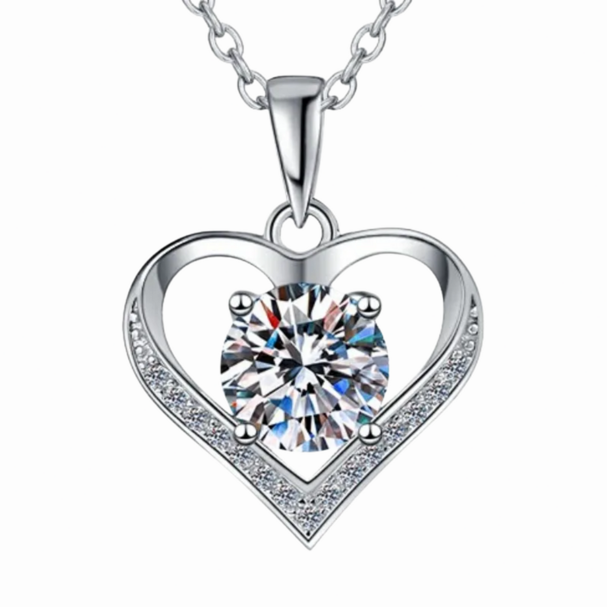 Silver-Tone Heart Pendant Necklace with Clear Crystal Centre – Copper Alloy 1145