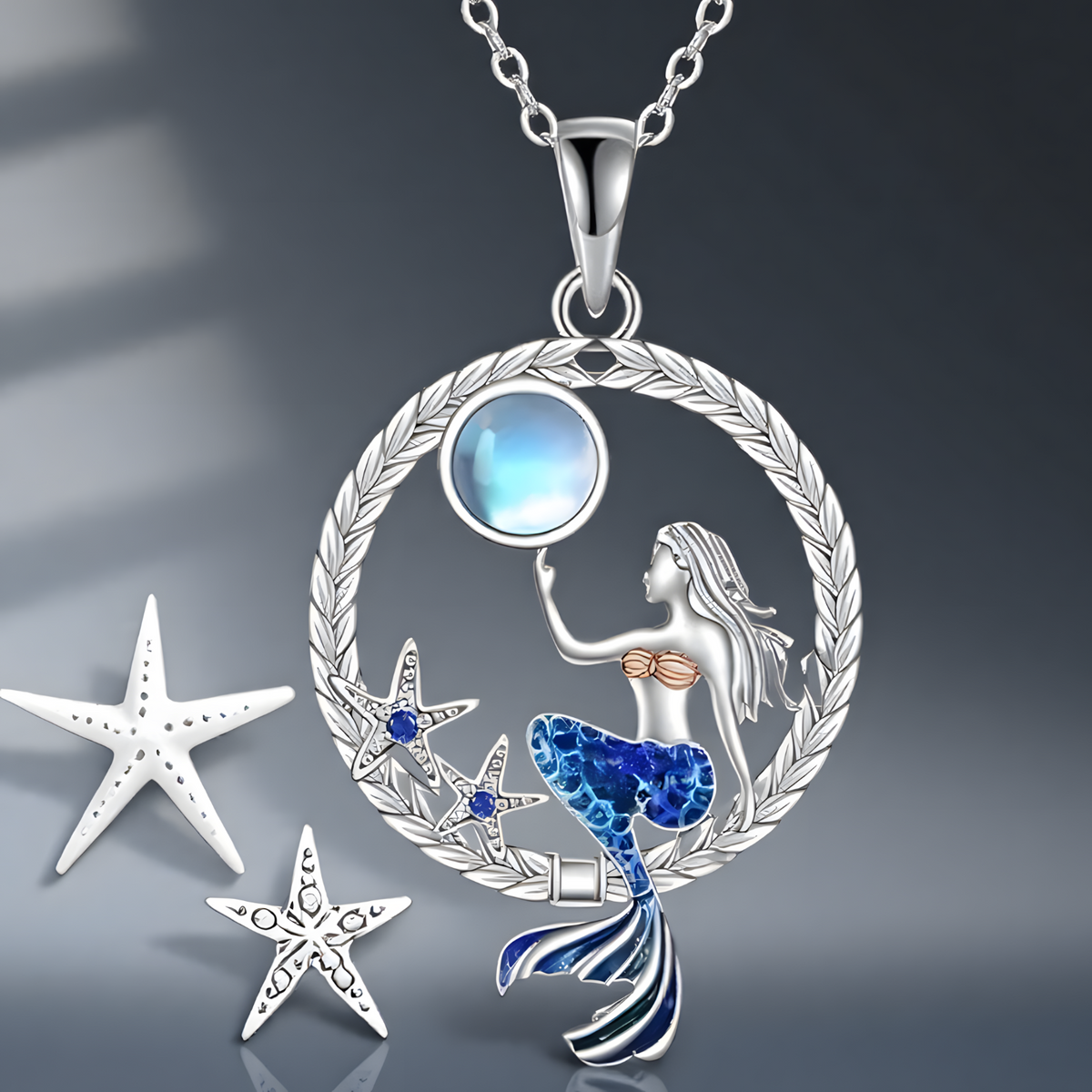 Vintage Mermaid Pendant Necklace Round Locket Crystal Moonstone Ocean Style B165