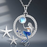 Vintage Mermaid Pendant Necklace Round Locket Crystal Moonstone Ocean Style B165