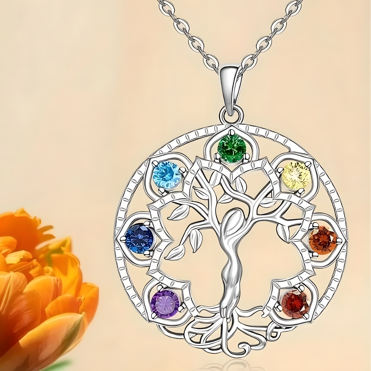 7 Chakra Tree of Life Pendant, Silver Plated Yoga Healing Stone Necklace B152