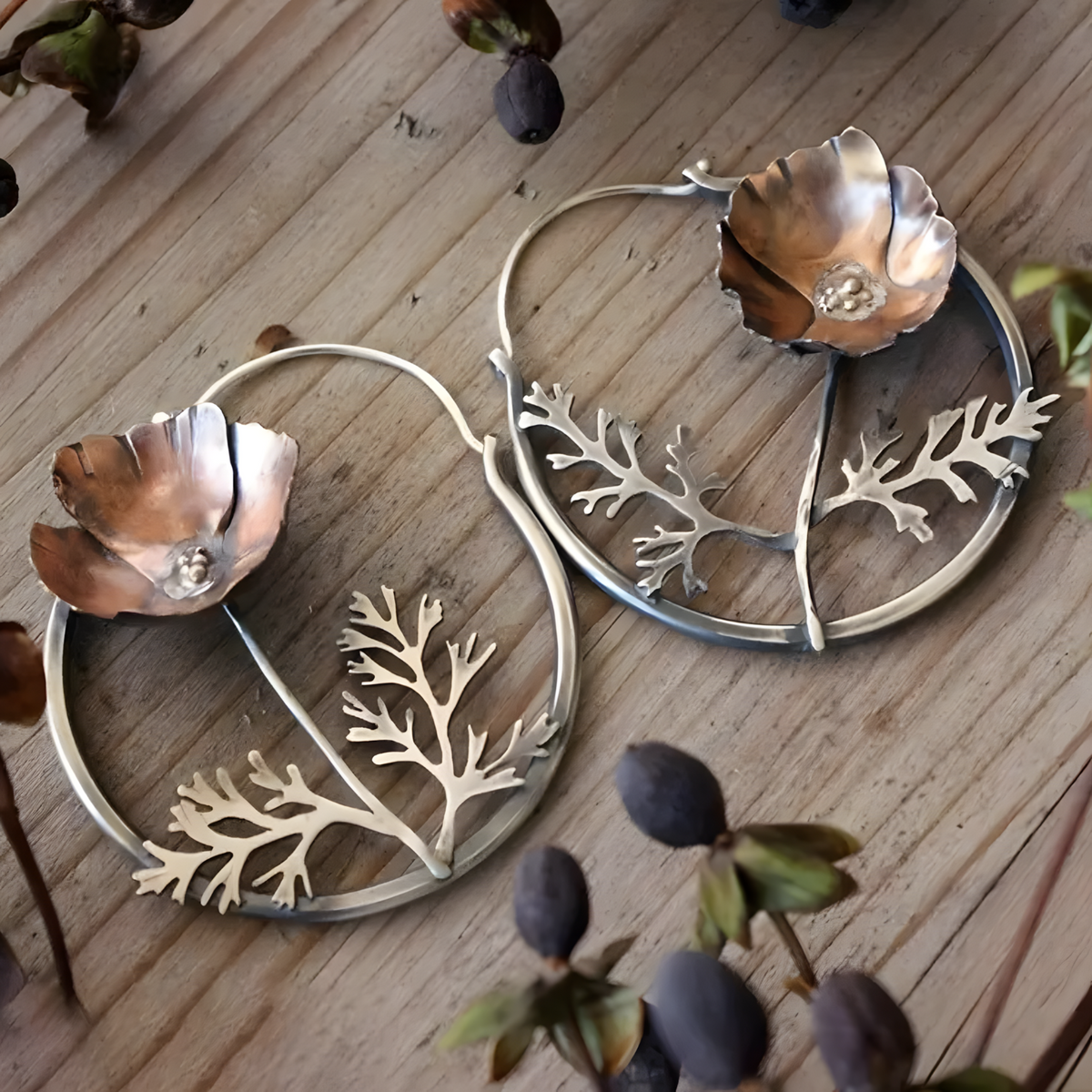 Vintage Floral Hoop Drop Earrings for Women - Artistic Flower Branch Design 1433