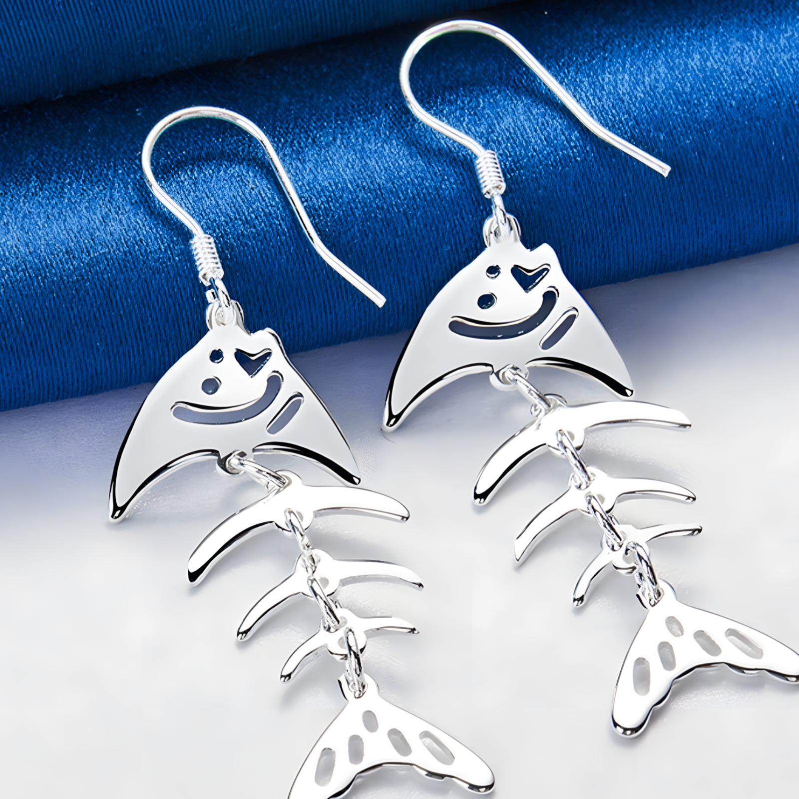 Sterling Silver Fish Skeleton Dangle Earrings - Unique Smiling Fish Jewelry B42