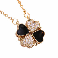 Women's Black Four Leaf Clover Heart Pendant Necklace, Openable Crystal 1687
