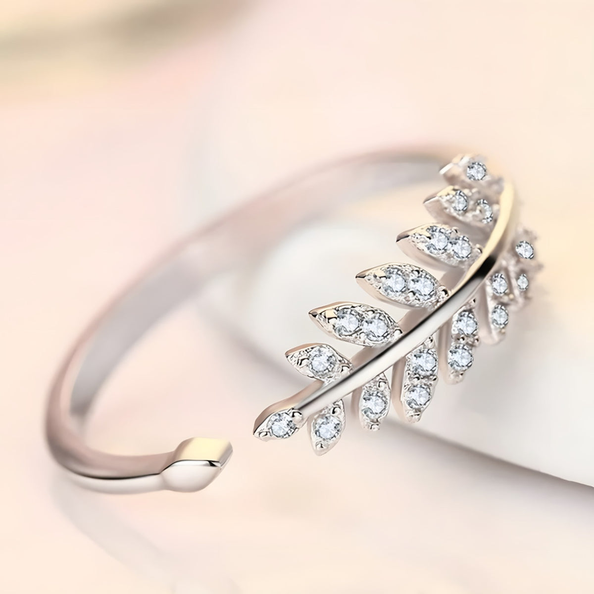 925 Sterling Silver Leaf Ring, Adjustable Open Band CZ Stone Nature Inspired 377