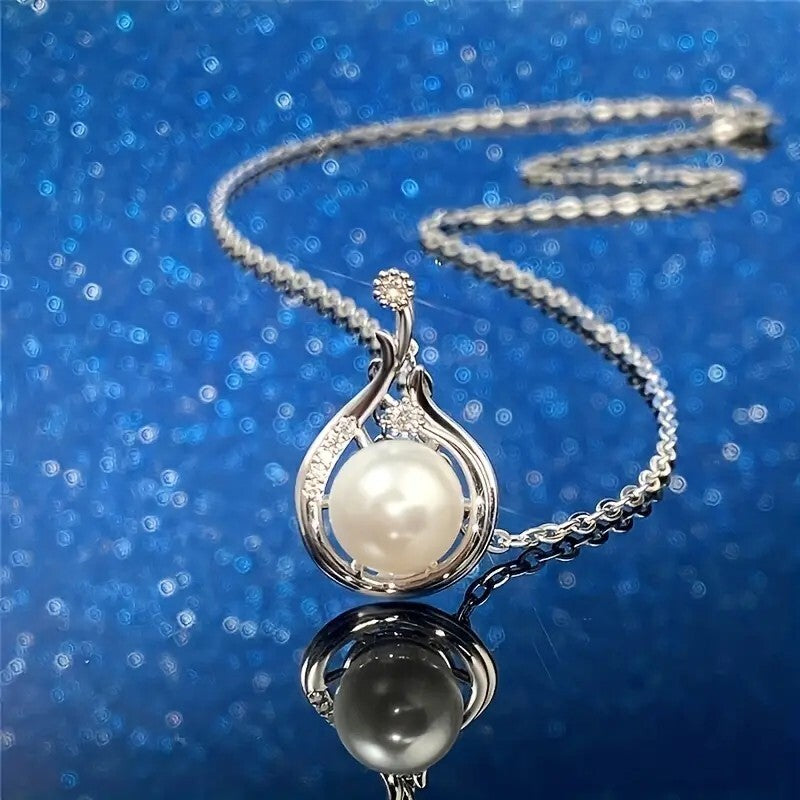 Copper Silver Plated Necklace Platinum Faux Pearl Pendant Niche Clavicle 61 UK