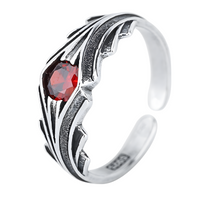Red Stone Open Adjustable Ring For Women Silver Tone Wing Feather Leaf 1754