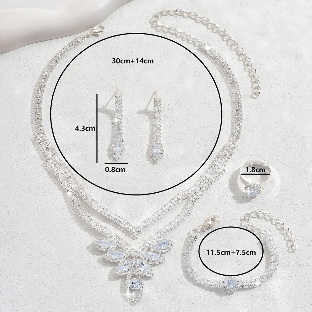 4PC Rhinestone Jewelry Set Women, Silver-Tone Leaf Claw Chain Dangle Earring 635