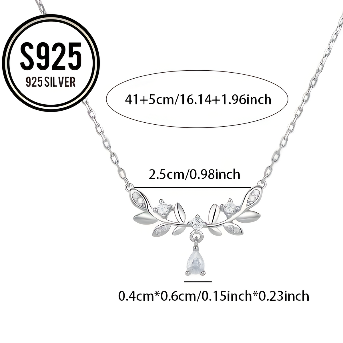 925 Silver Leaf Vine Necklace Women Zinc Alloy Base with Crystal Teardrop 838