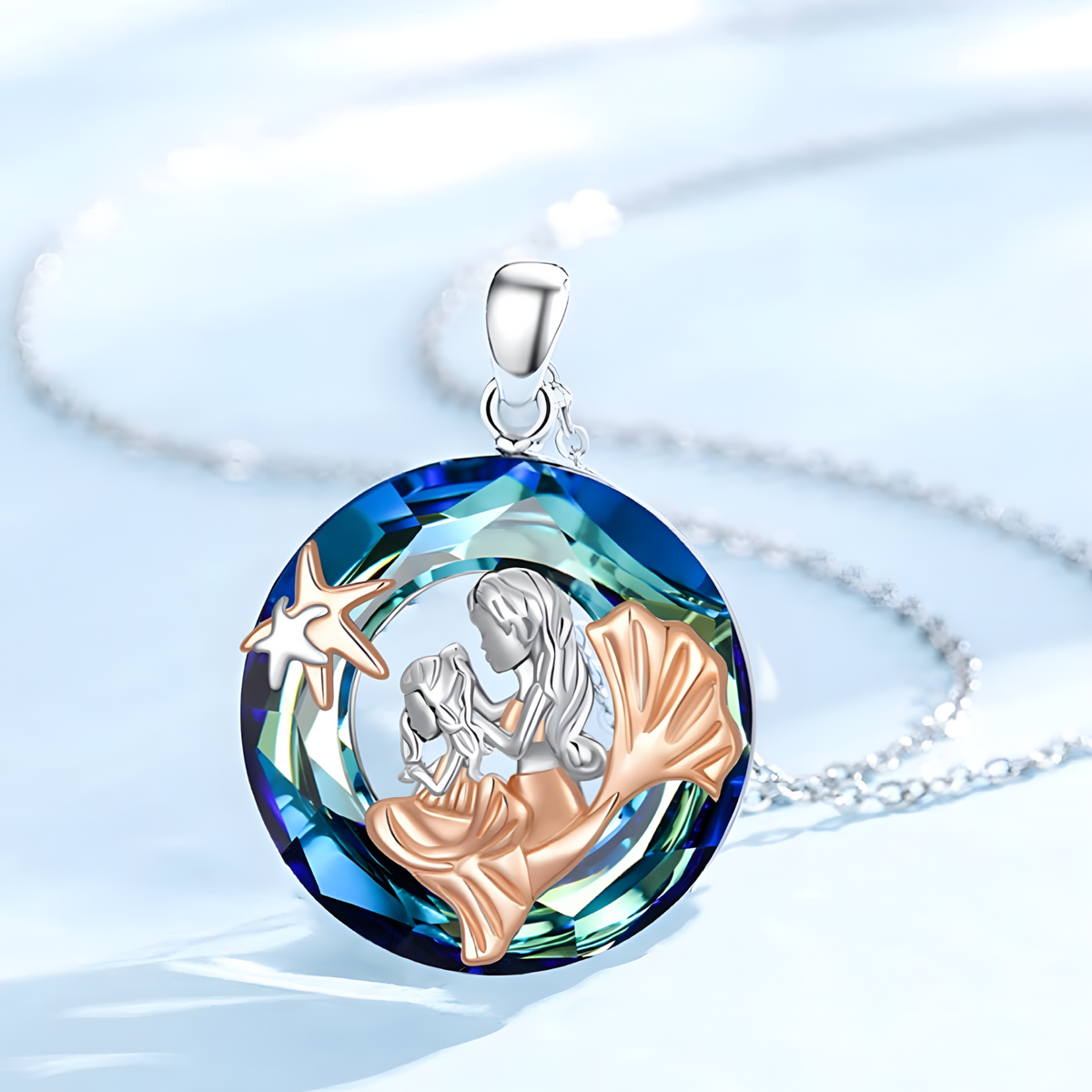 Mermaid Round Crystal Pendant Necklace - Classic & Fashionable Ladies Ocean B69