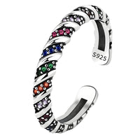 925 Sterling Silver Adjustable Ring, Colorful CZ Stone Ring, Twisted Rope 374