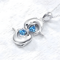 Sterling Silver Plated Double Dolphin Kiss Necklace for Women Romantic Blue B178