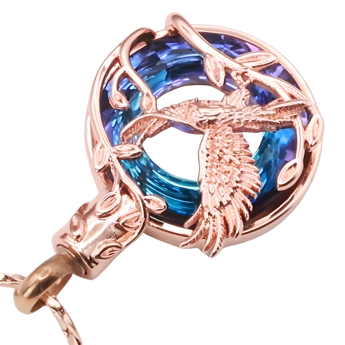 Rose Gold Phoenix Urn Necklace for Ashes Blue Crystal Memorial Pendant B204