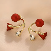 Red Rose Flower Stud Earrings for Women – Gold-Tone Crystal Plant Design 817