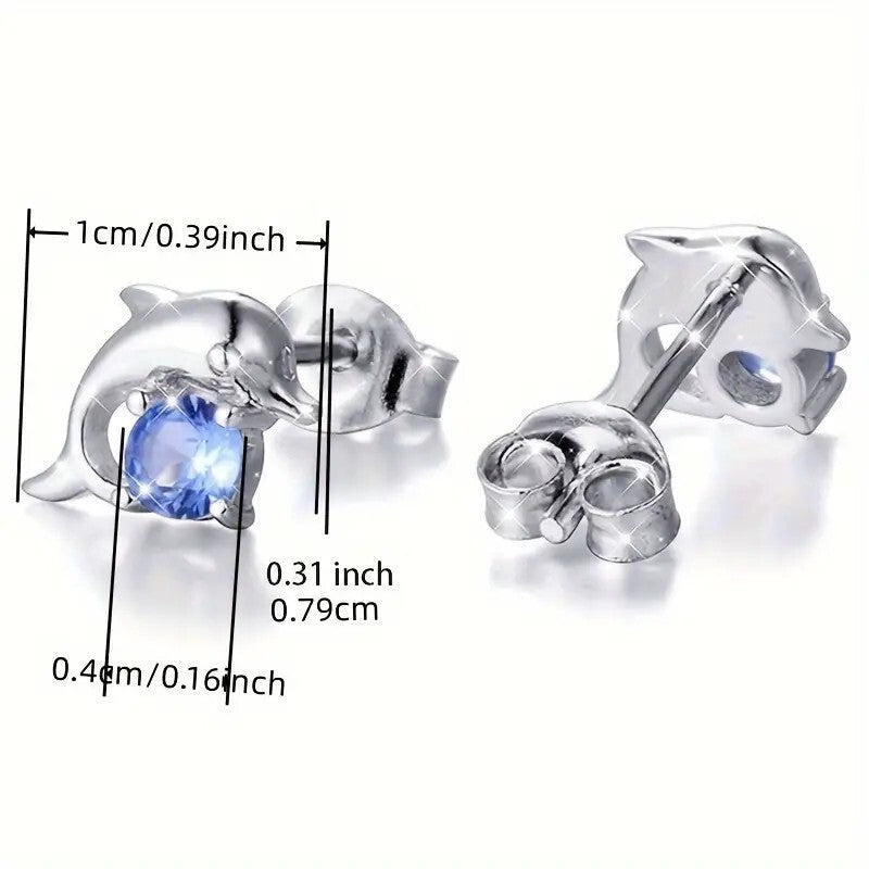 925 Silver Plated Round Cut SeaBlue Gemstone Cute Dolphin Stud Earrings 20 UK