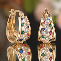 Women's Gold Plated Pavé CZ Cubic Zirconia Multigem Huggie Hoop Earrings - 640