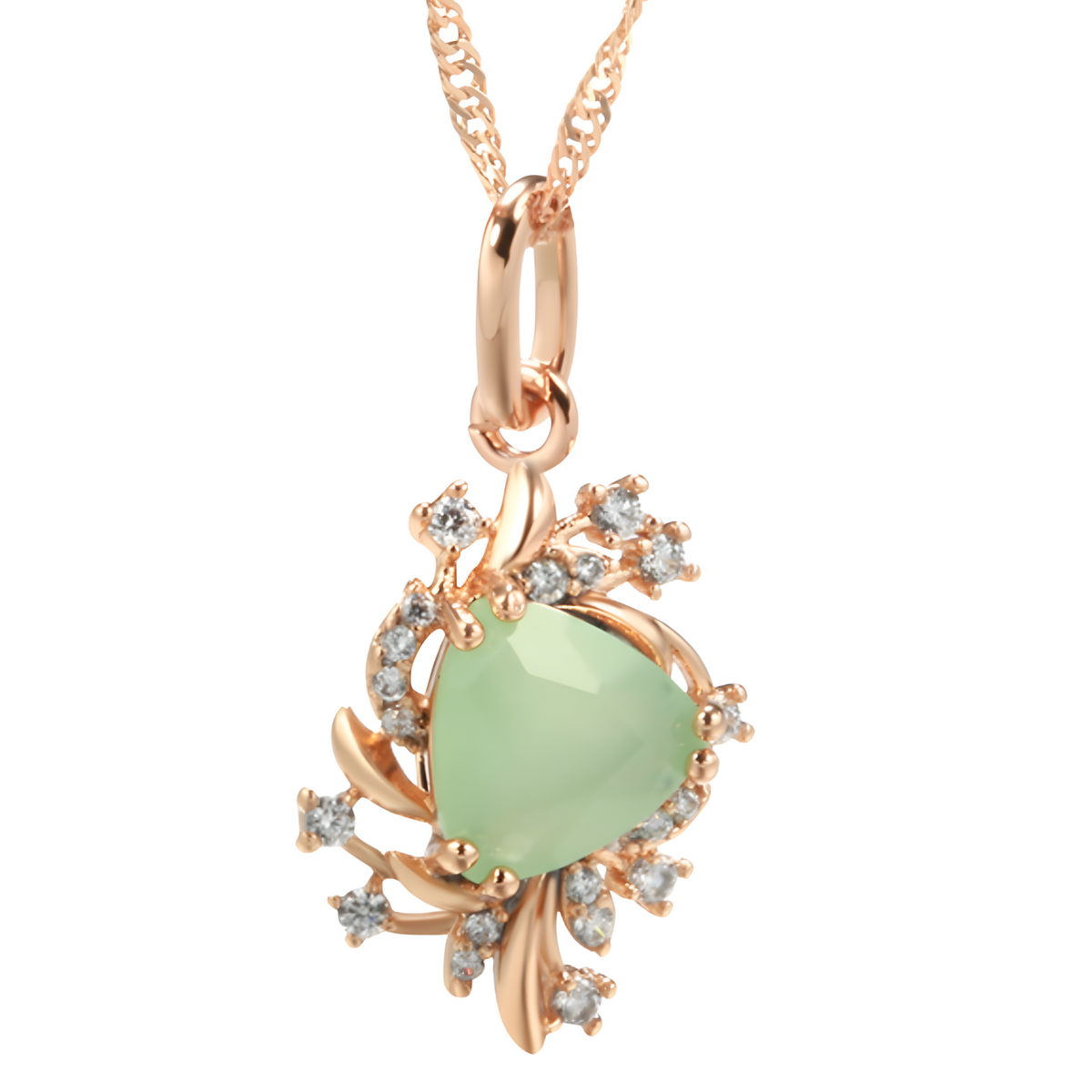 Rose Gold-Plated Alloy Green Zircon Floral Pendant Necklace Women Crystal 1282