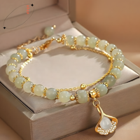 Elegant Pale Green Jade Beaded Bracelet, Gold Tone Adjustable Chain, Lotus 1741