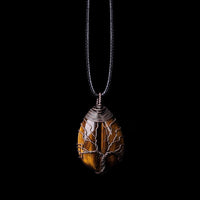 Tiger Eye Tree Of Life Pendant Necklace For Women Men Oval Brown Gemstone 1347